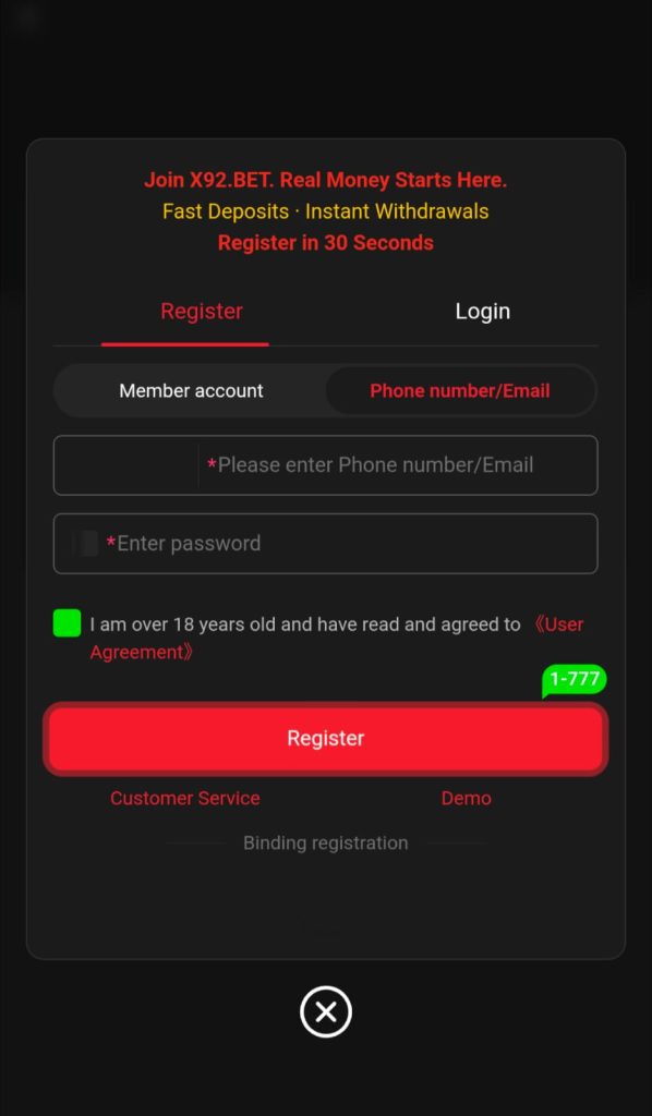 X92Bet Game Registration Process.