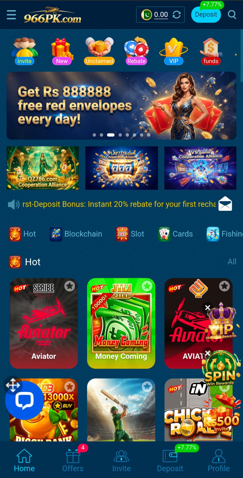 966PKR Game app interface showing slot games, spin options, bonus rewards and real money earning features for Pakistani users.