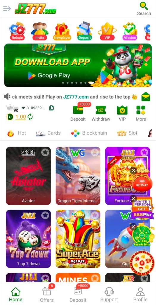JZ7777 Game app interface showing home screen with slot games, Aviator, Dragon Tiger, deposit, withdraw, and bonus options for Pakistani users.