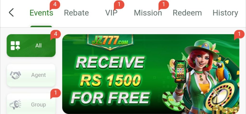 **Alt Text:**
JZ7777 Game bonus banner showing receive Rs 1500 free reward offer for players with events and promotions section.