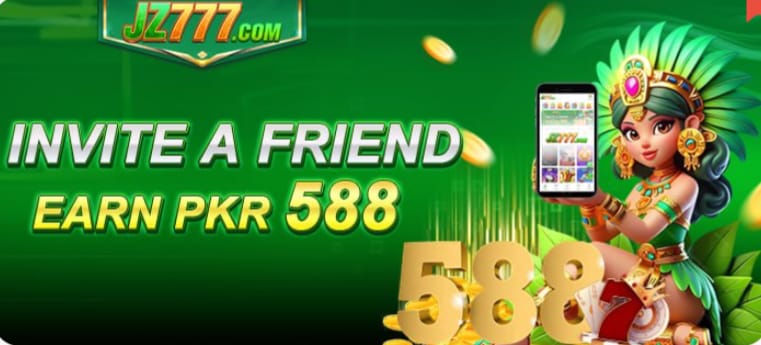 **Alt Text:**
JZ7777 Game referral bonus banner showing invite a friend and earn 588 PKR offer with mobile app promotion.
